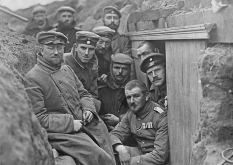 German soldiers in a trench at Ypres, Belgium, 1914