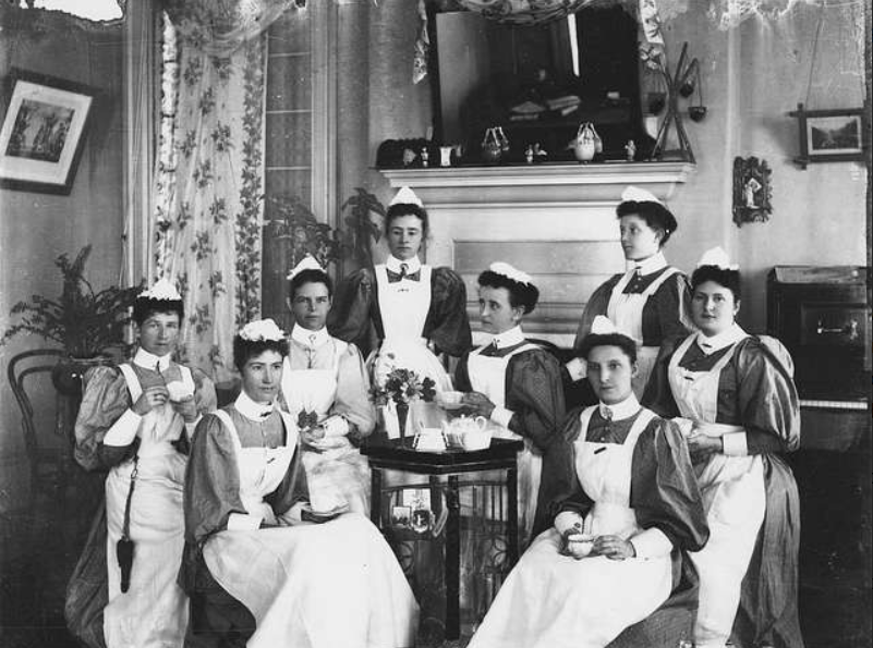 Nursing staff at Brisbane's Royal Children's Hospital gather for afternoon tea, Brisbane, ca. 1899