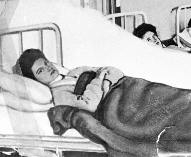 Mary Mallon in a hospital bed. She was forcibly quarantined as a carrier of typhoid fever in 1907 for three years and then again from 1915 until her death in 1938.