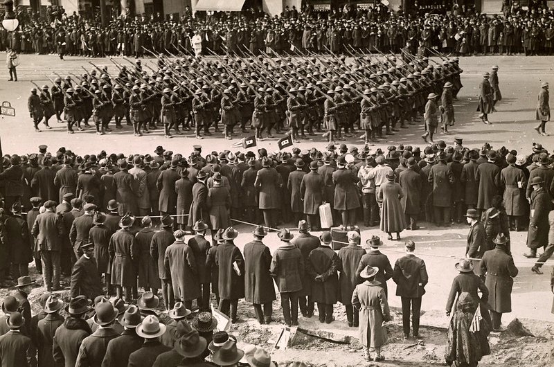 Soldiers of the 369th Infantry Regiment parade