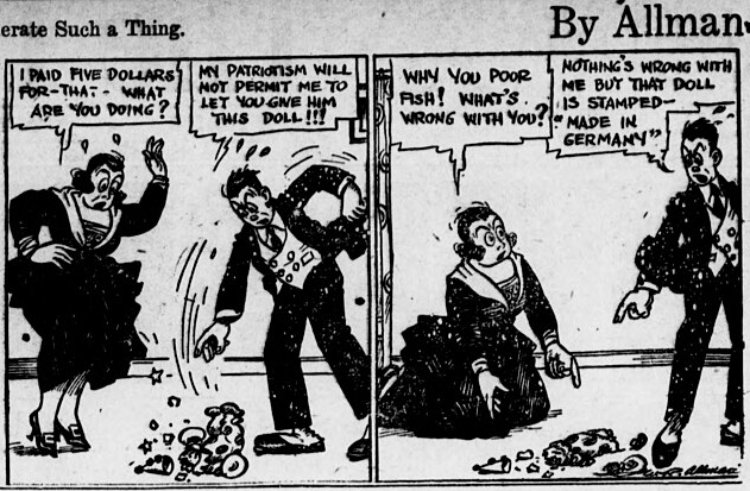A 1917 comic strip in which the character smashes a clown doll present because it was made in Germany