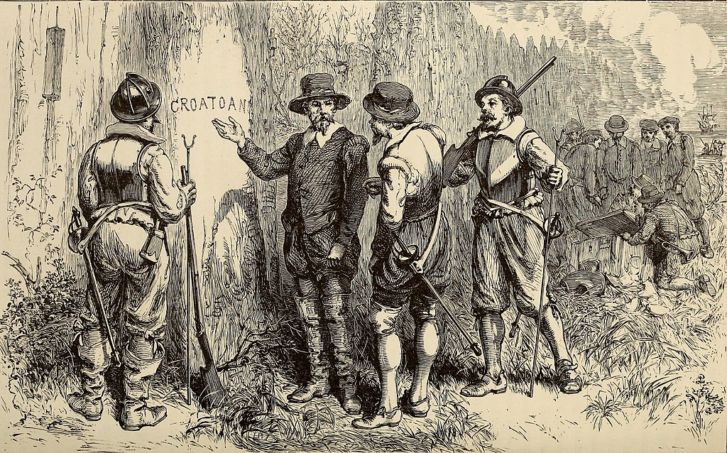 This image depicts John White returning to the Roanoke Colony in 1590 to discover the settlement abandoned.