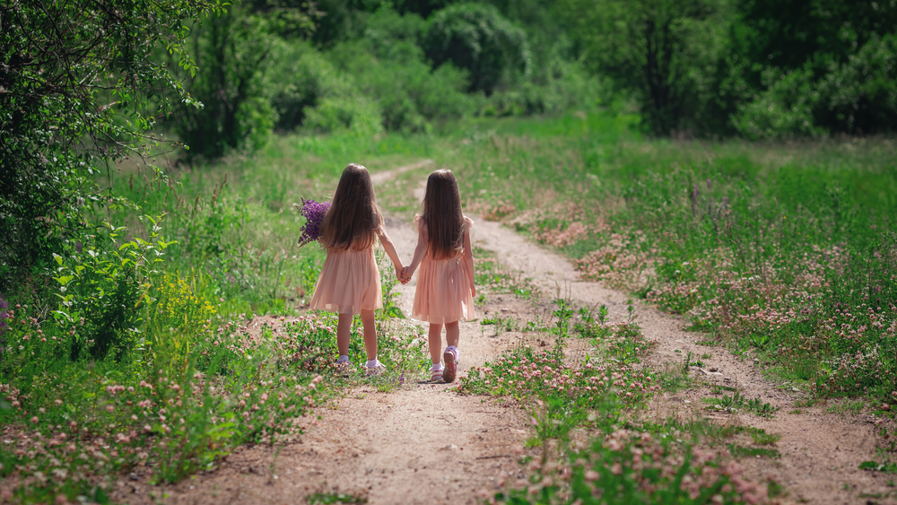 Backwards view of little identical twin sisters with long hair walking together holding hands