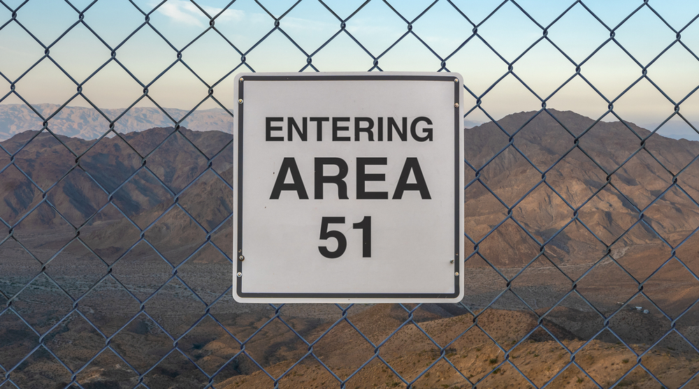 Entering Area 51 Sign On A Fence At The Military Base