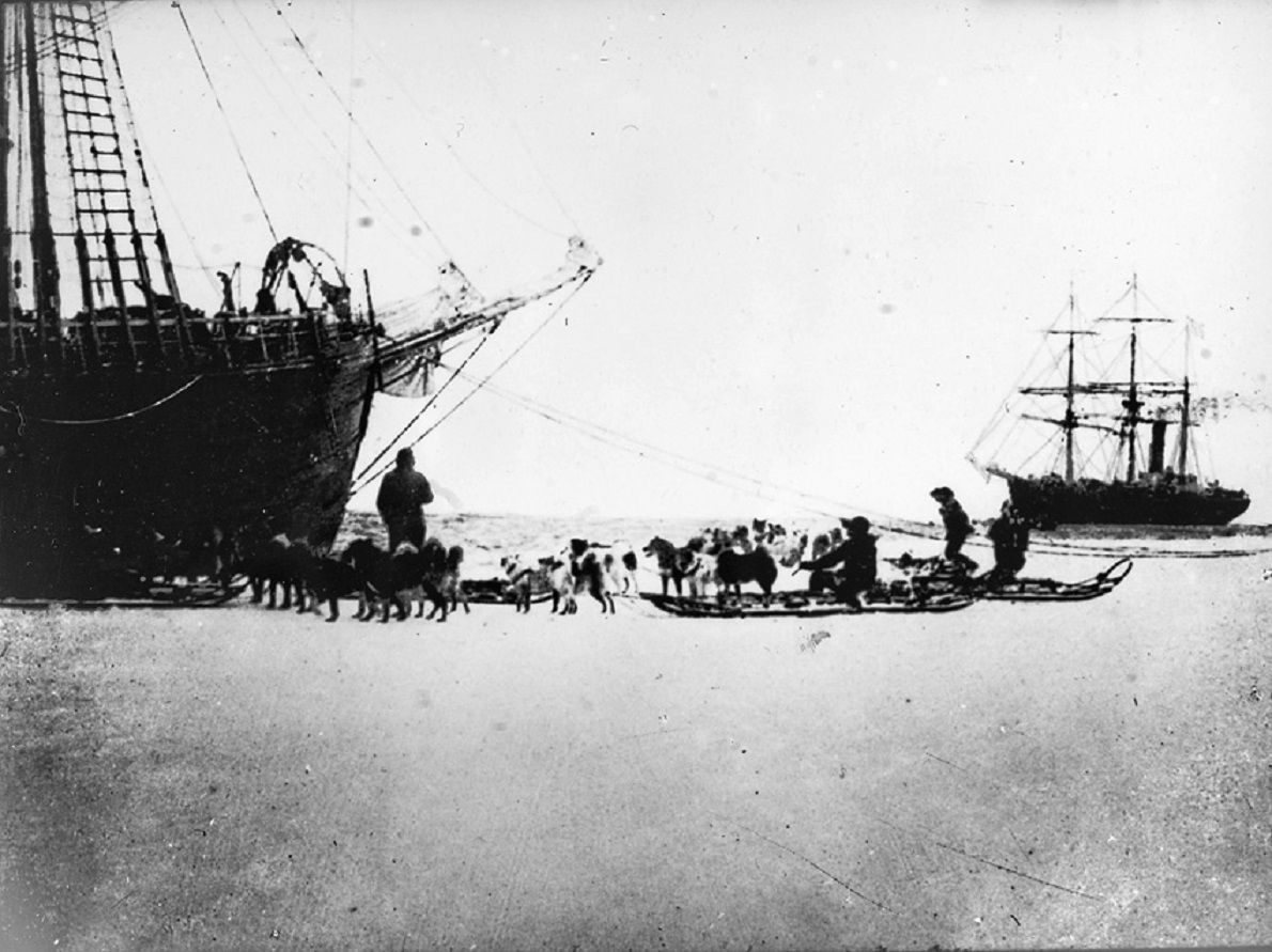 Scott's expedition ship Terra Nova visiting Fram in the Bay of Whales, February 1911