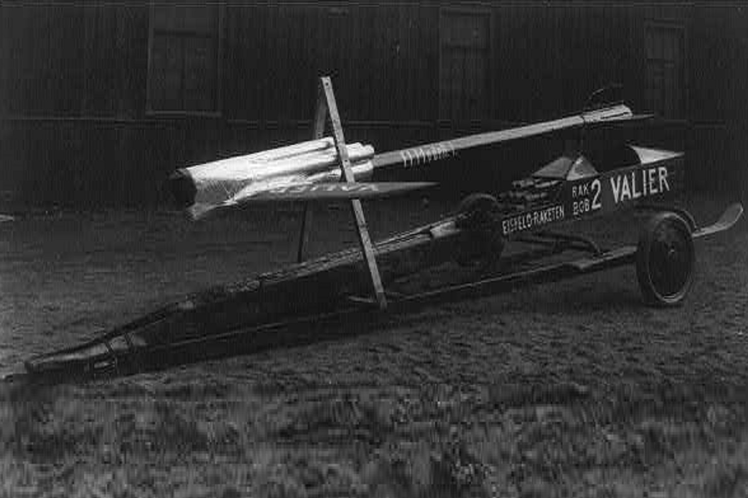 Photograph shows Max Valier's German rocket car on display.