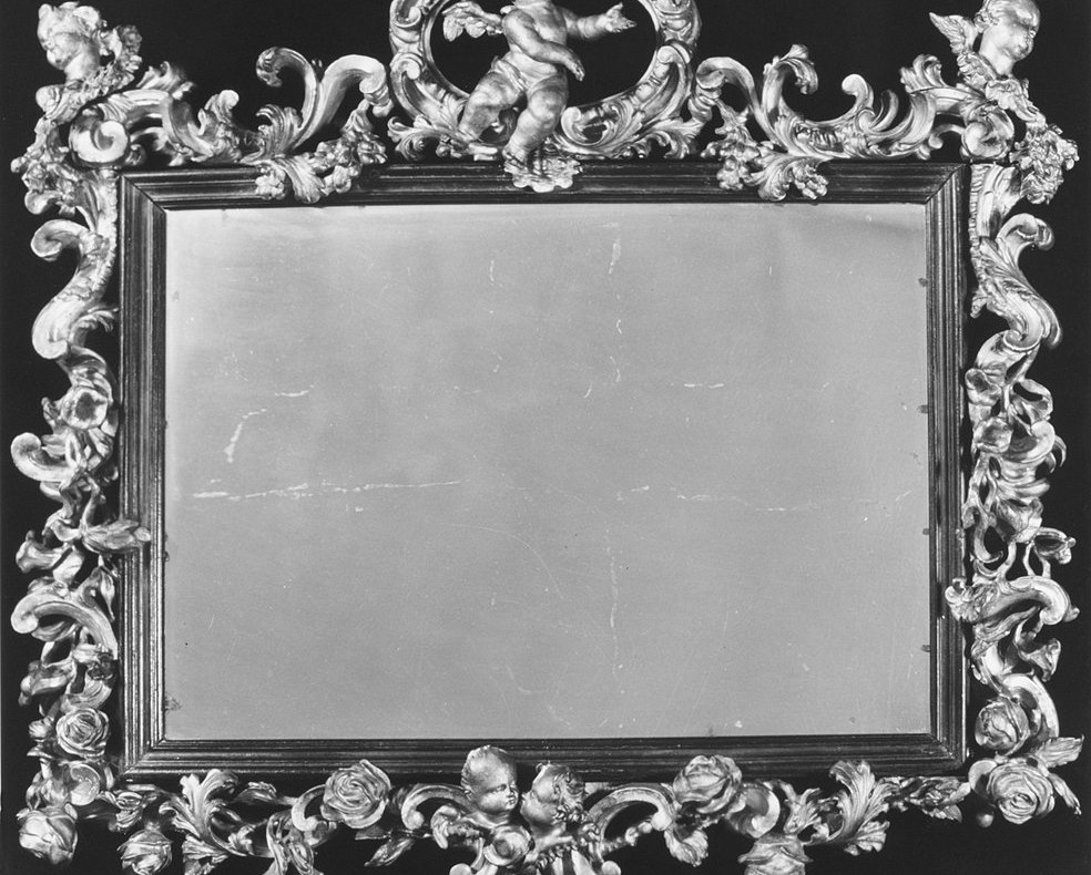 Grayscale Photo of Southern German Mirror frame Woodwork-Furniture, hanging on the wall
