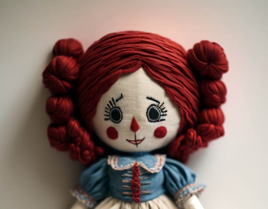 Photo of Raggedy Ann a rag doll with red yarn for hair and has a triangle nose.