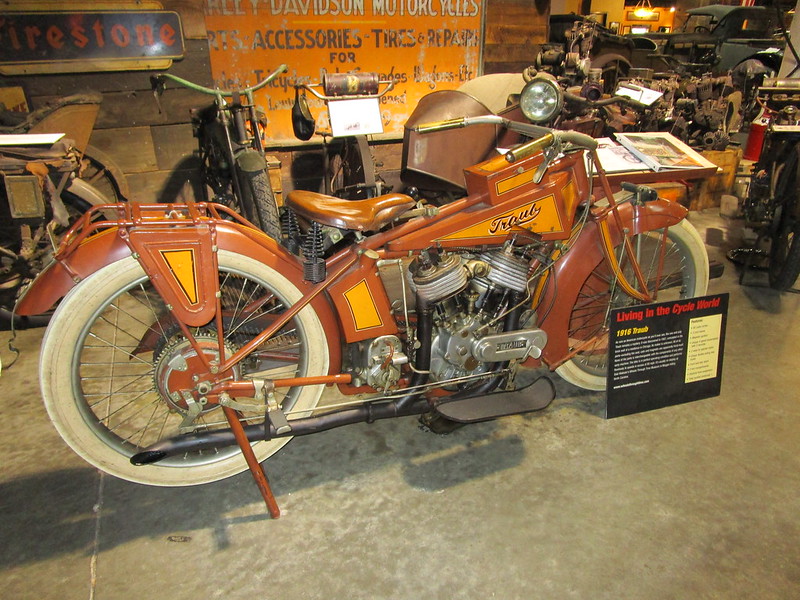 Close-up Photo of Traub Motorcycle Displayed in a Museum. Blurred background.