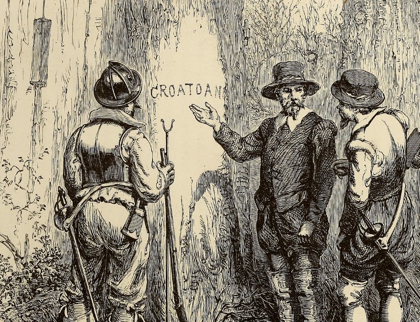 This image depicts John White returning to the Roanoke Colony in 1590 to discover the settlement abandoned