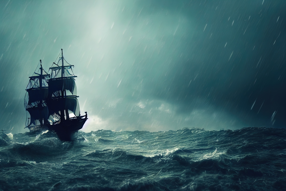 Pirate ship navigating during a storm