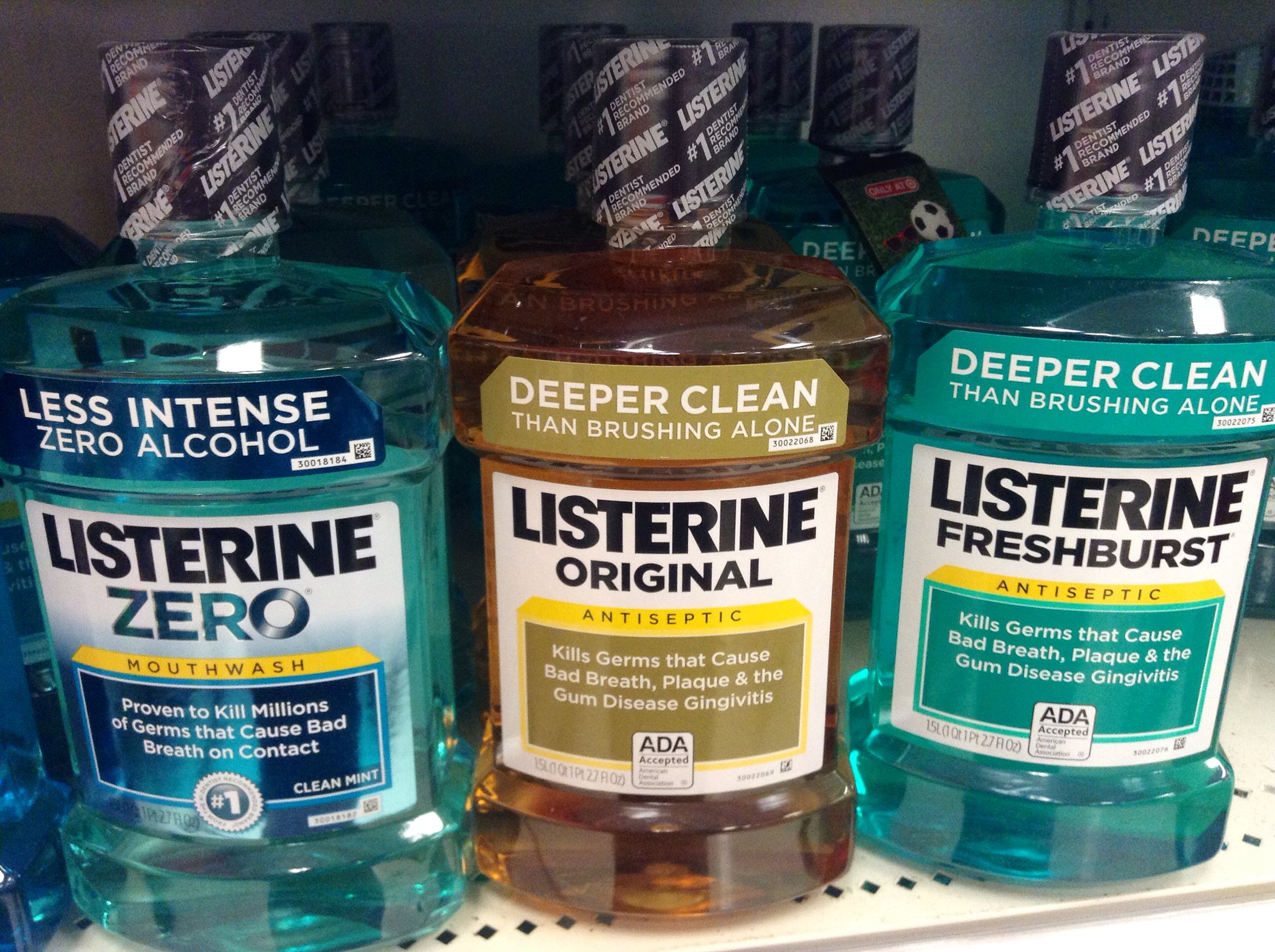 Bottles of Listerine in supermarket.