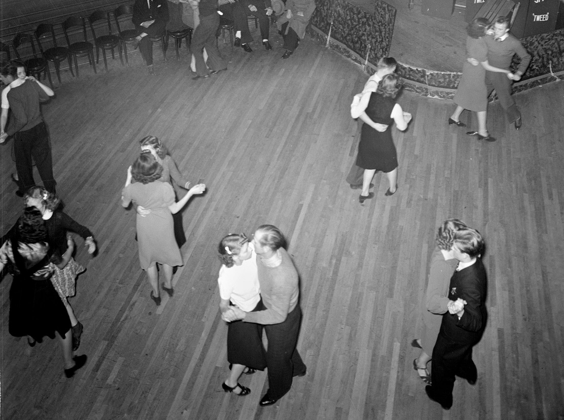 Dance hall, showing orchestra platform and dancers - 1938