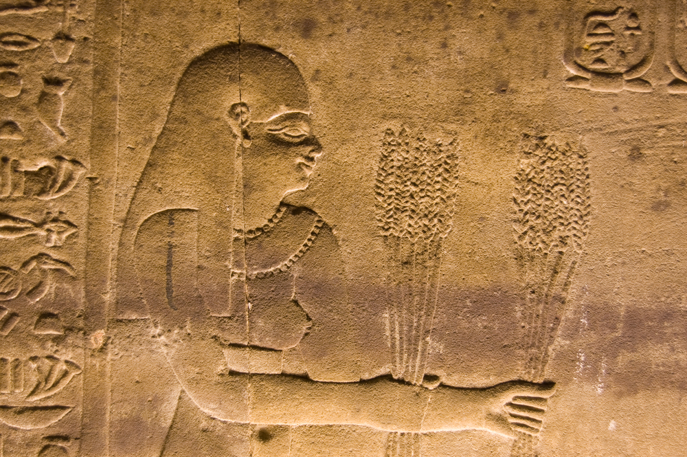 Ancient egyptian stone carving of a priestess presenting wheat crop harvest to the gods