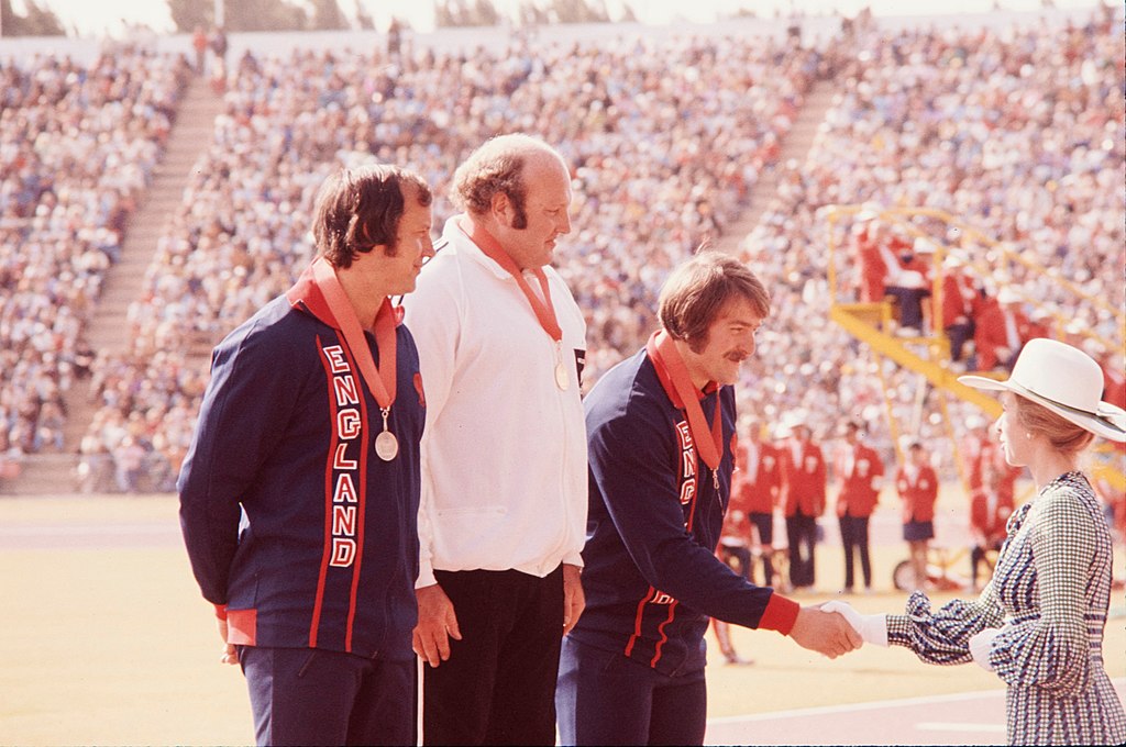 Princess Anne at discus medal ceremony Commonwealth Games