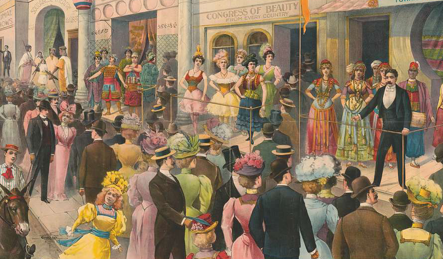Crowds at a circus sideshow