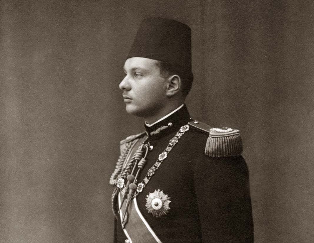 Grayscale Portrait Photo of King Farouk I of Egypt in military uniform