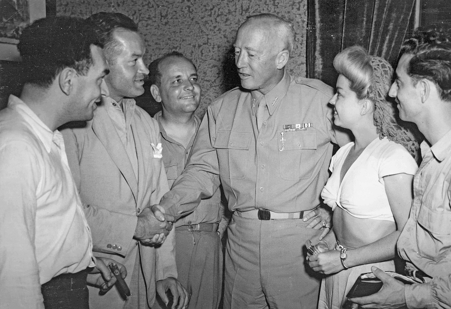 Hal Block, Bob Hope, Barney Dean, General George S. Patton, Frances Langford and Tony Romano.