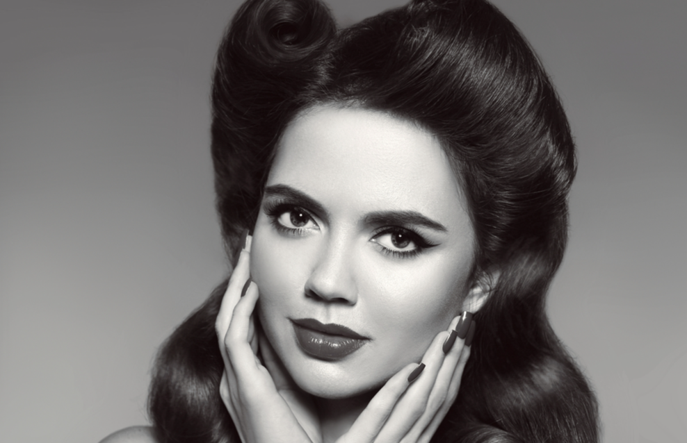 Retro pinup girl with victory roll curls hairstyle