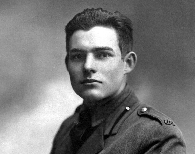 Grayscale Portrait Photo of Ernest Hemingway in Army Uniform