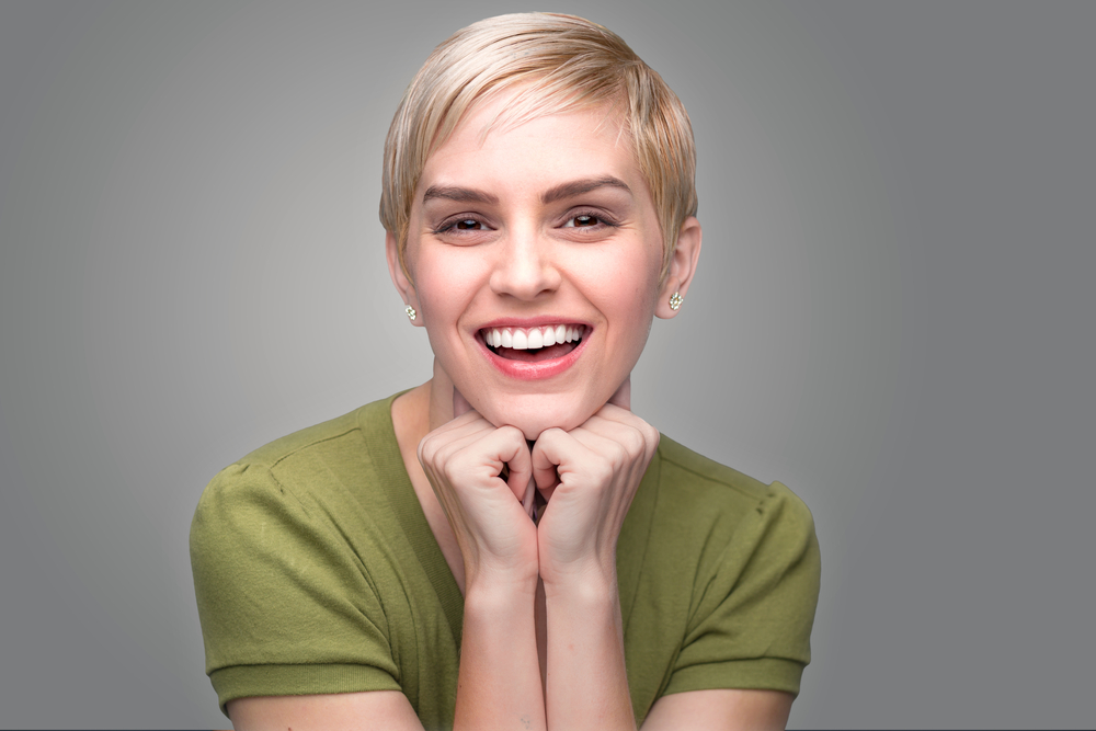 fresh pixie haircut perfect teeth smile