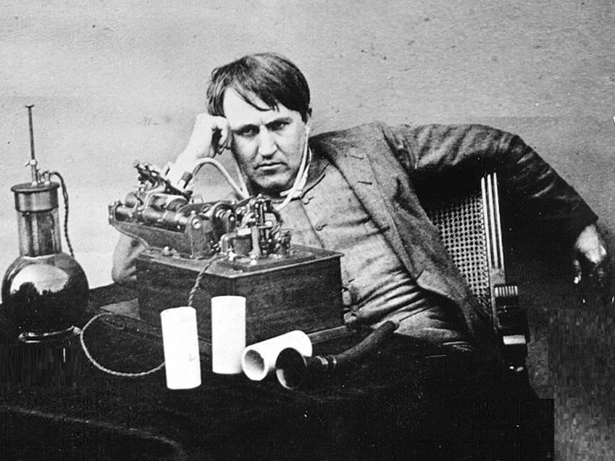 Thomas Edison with early version of phonograph - 1888