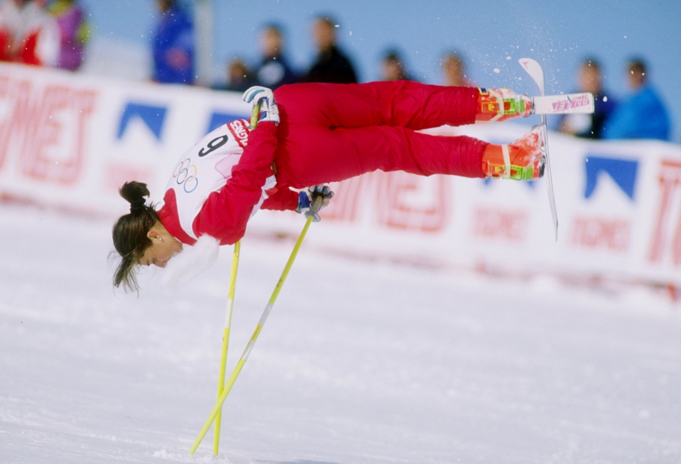 Cathy Fechoz of France does her routine during the ski ballet competition at the Olympic Games in Albertville, France - 1992
