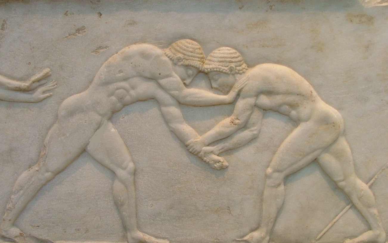 A scene from the palaestra. Detail of central scene with two wrestlers in action.