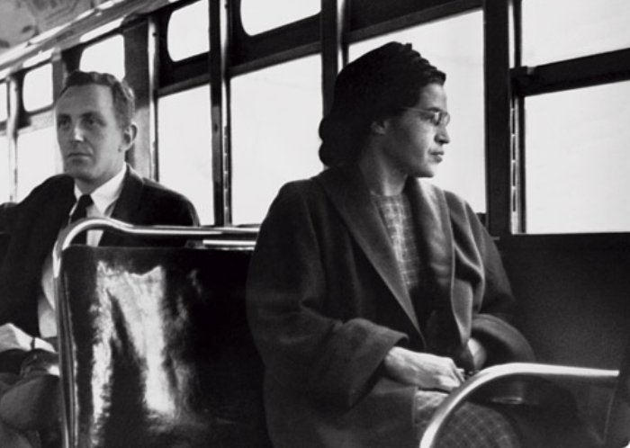 Grayscale Portrait Photo of Parks on one of Montgomery's buses