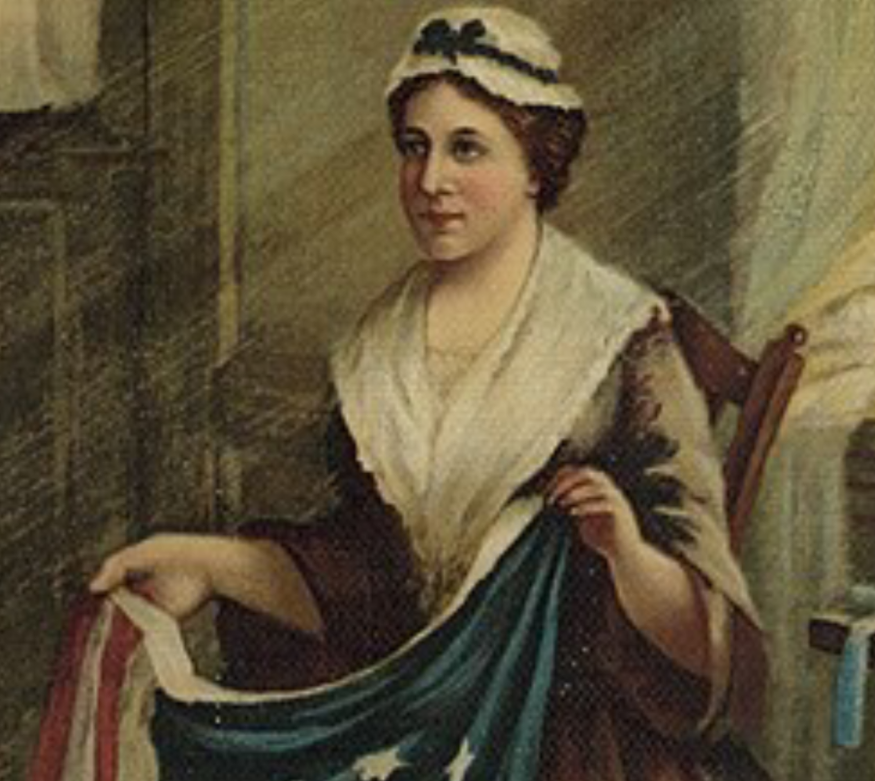 Portrait Painting of Betsy Ross holding the U.S. flag.