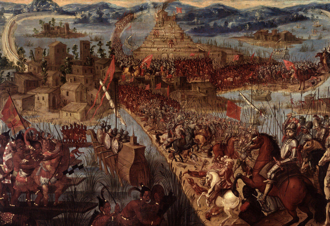 Painting of the Conquest of Mexico by Cortés, oil on canvas