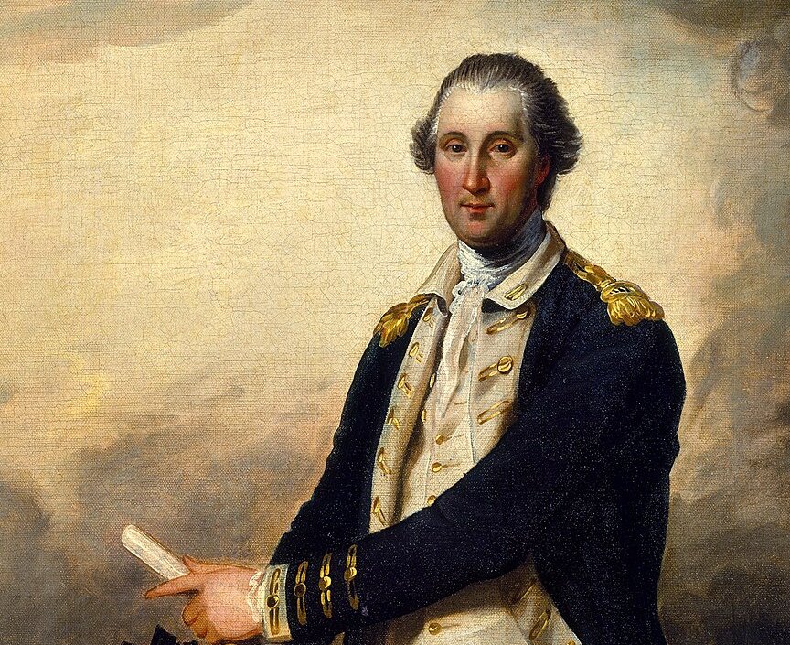 Portrait of George Washington standing on a bluff above the Hudson River