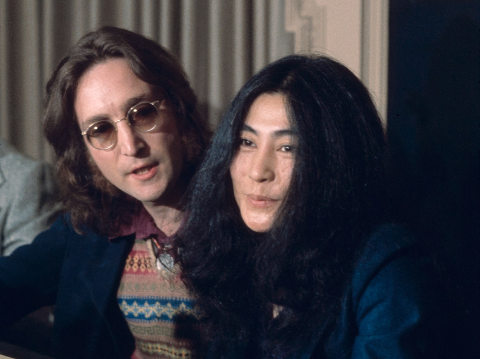 John Lennon and Yoko Ono at a New York press conference on April 2nd, 1973