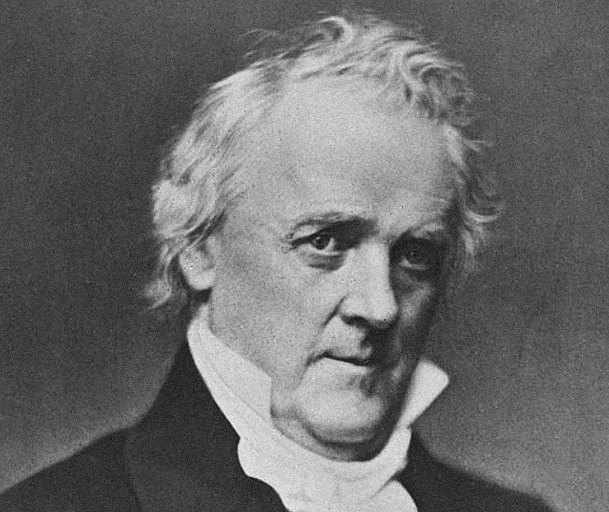 Grayscale Portrait Photo of U.S. President James Buchanan in a dark suit