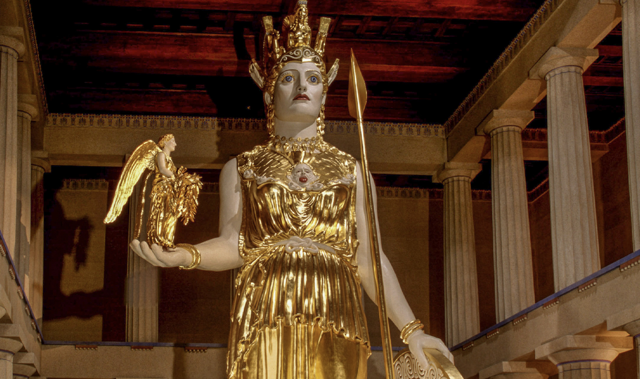 A recreation in modern materials of the lost colossal statue by Pheidias, Athena Parthenos by Alan LeQuire (1990) is housed in a full-scale replica of the Parthenon in Nashville’s Centennial Park. She is the largest indoor sculpture in the western world.