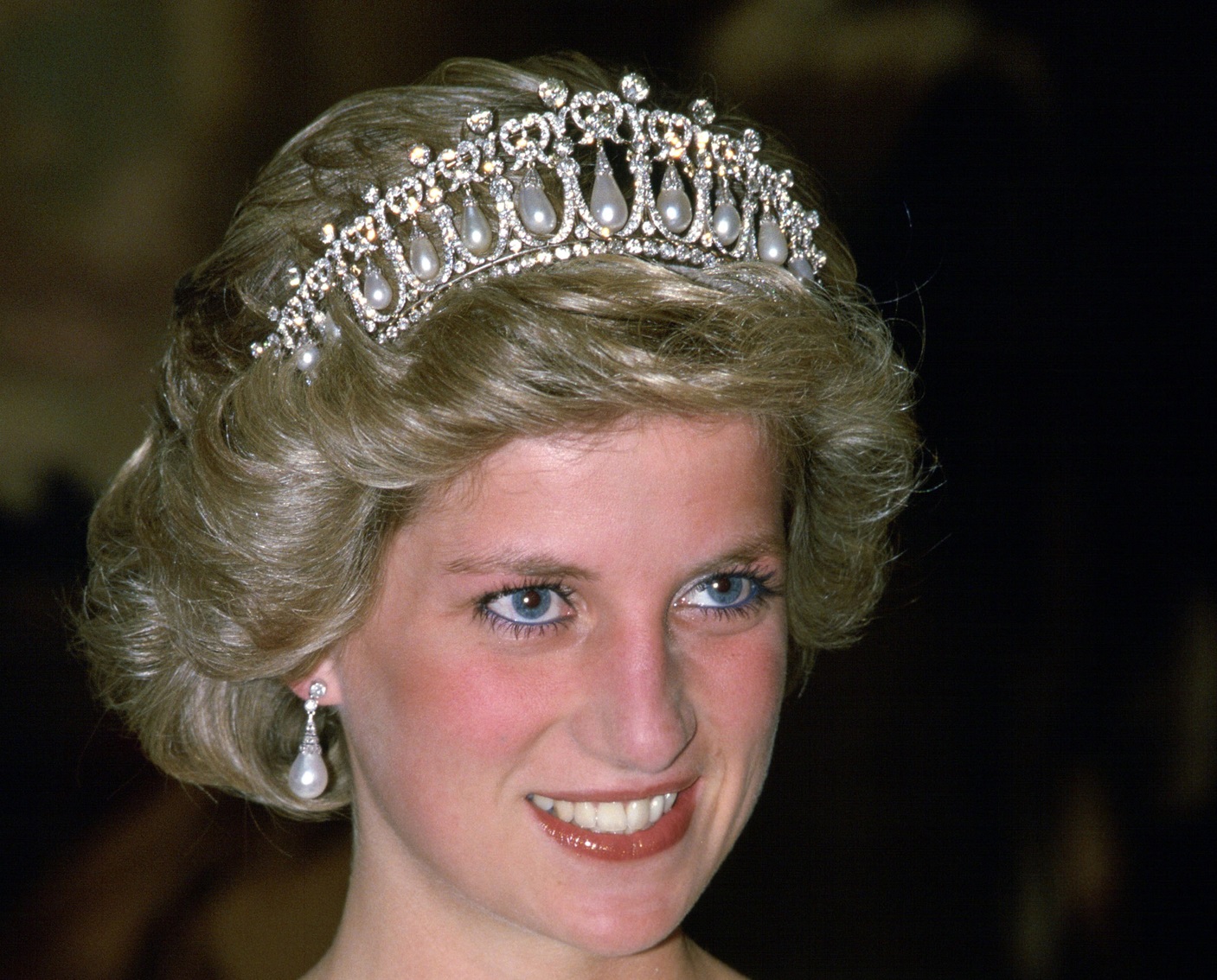 Diana, Princess of Wales, attending a dinner at the British Embassy wearing Queen Mary's diamond and pearl tiara - 1985