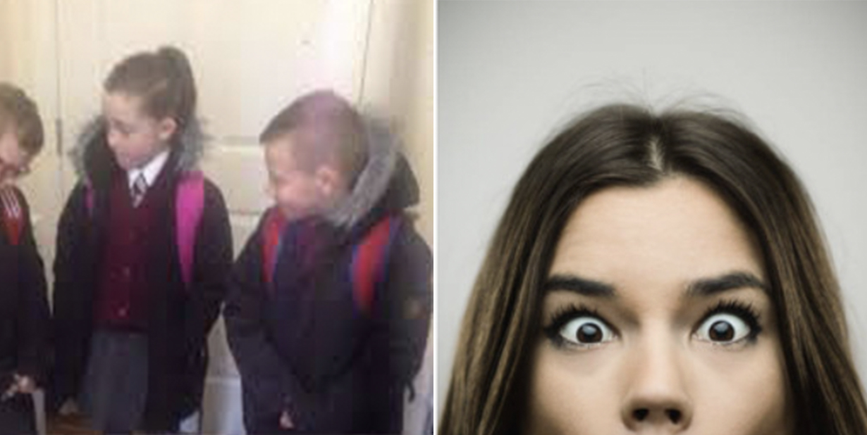 school kids and shocked woman eyes split image
