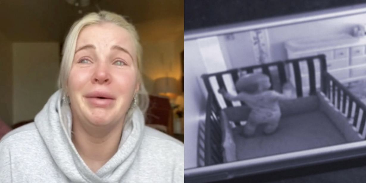 Distraught woman and baby monitor footage split image