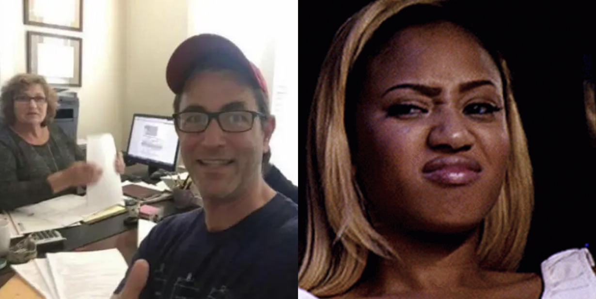 Coworker selfie and cringe face split image