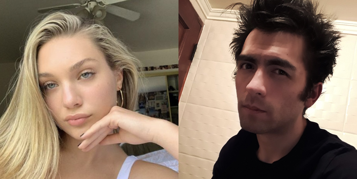 Annoyed girl and sneaky guy split image