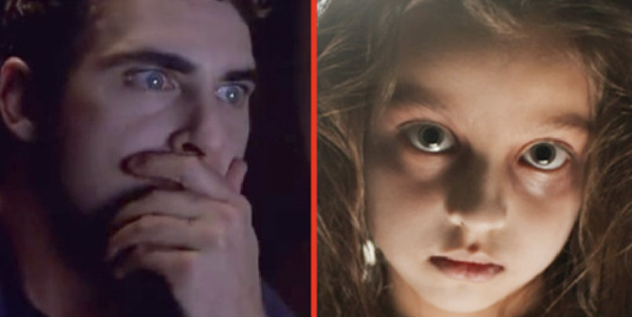 Shocked man and creepy woman split image