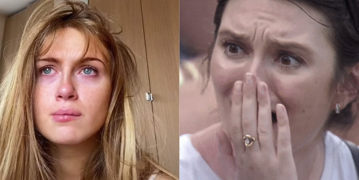 Distressed woman split image