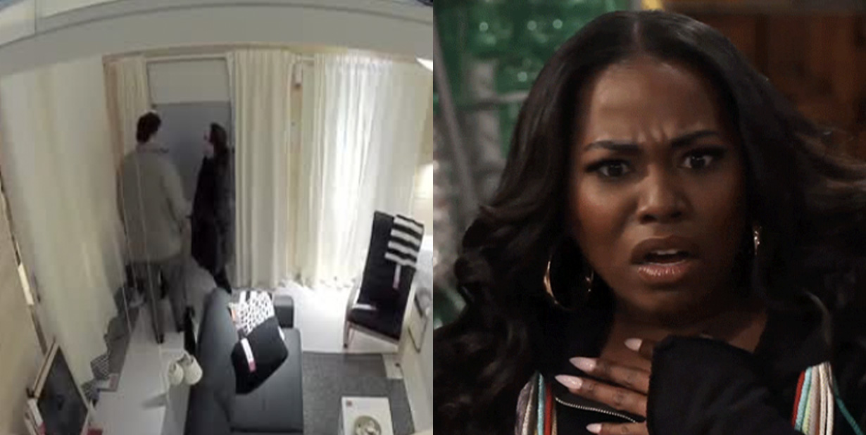 Camera footage and shocked woman split image