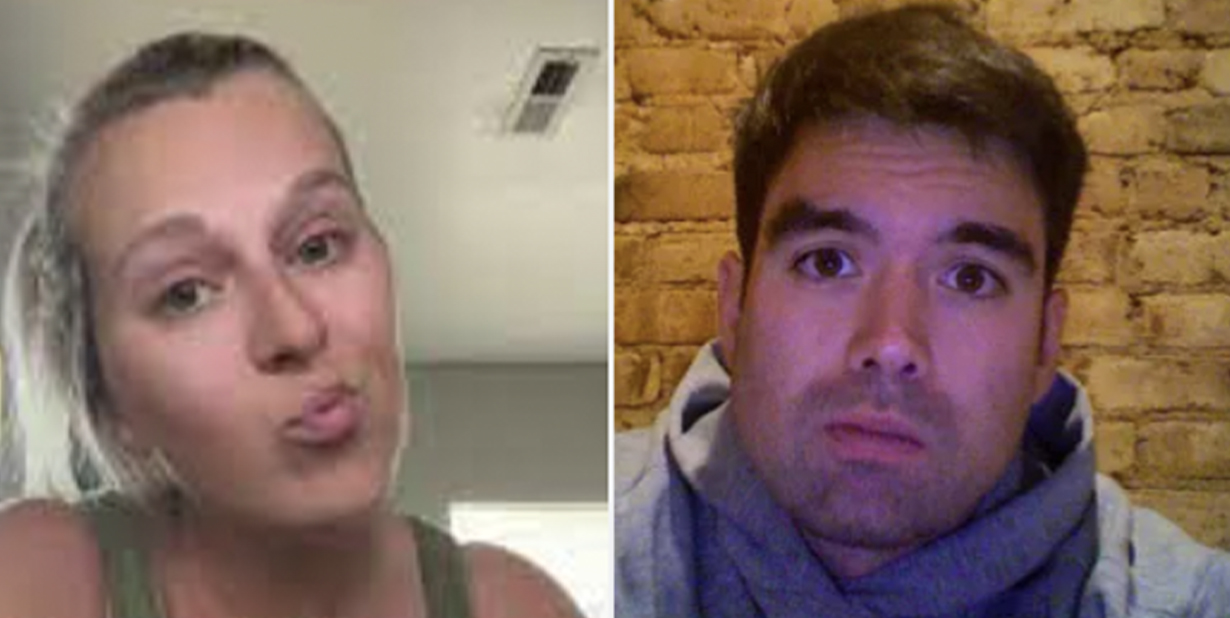 Skeptical woman and nervous man split image