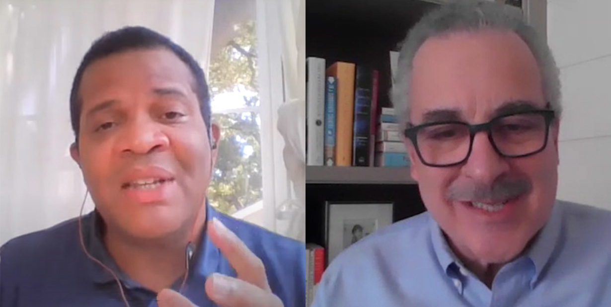 Experts on zoom calls split image