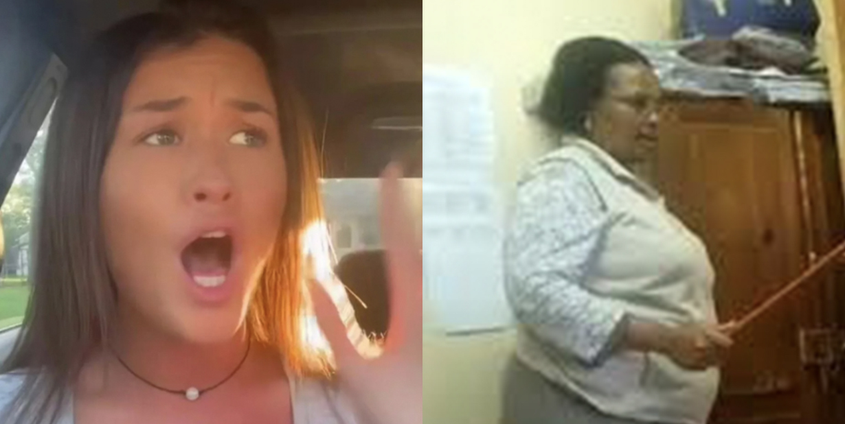 Shocked young woman and angry teacher split image