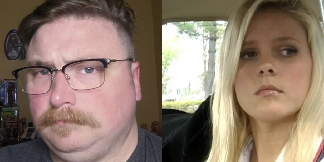 Middle aged man and young woman split image