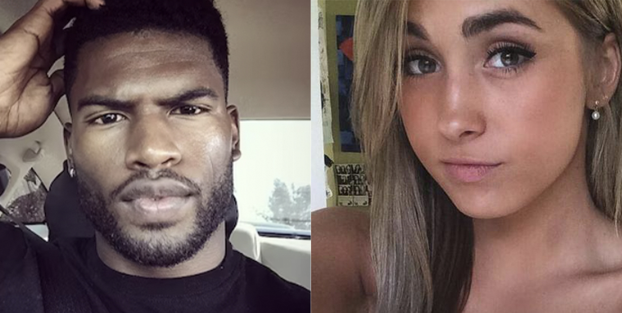 Disappointed man and young woman split image