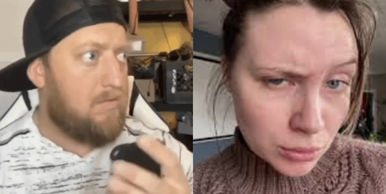 Man hiding something on phone and skeptical woman split image