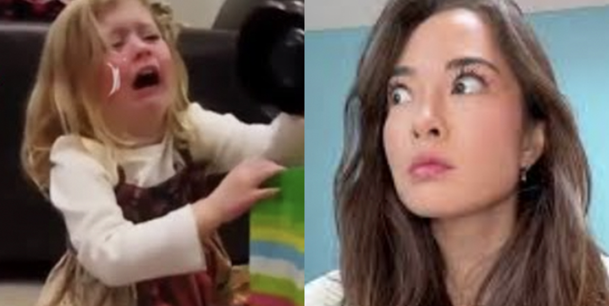 Crying child and wide-eyed woman split image